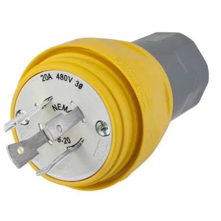 Bryant Watertight Locking Plug, L16-20P, 20 A, 480V AC, Three Phase, 3 Pole, Screw Terminals, Yellow BRY26W76